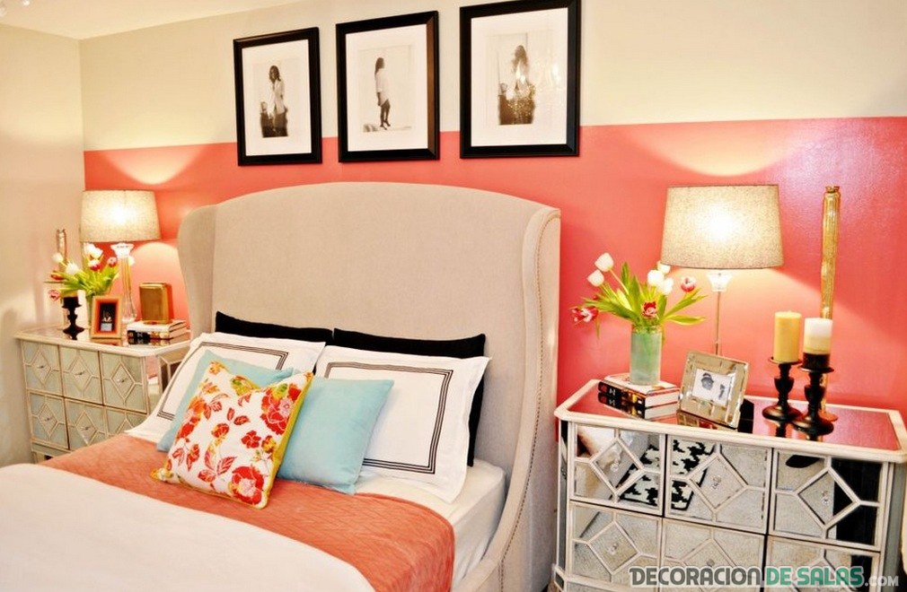dormitorio con paredes en color coral