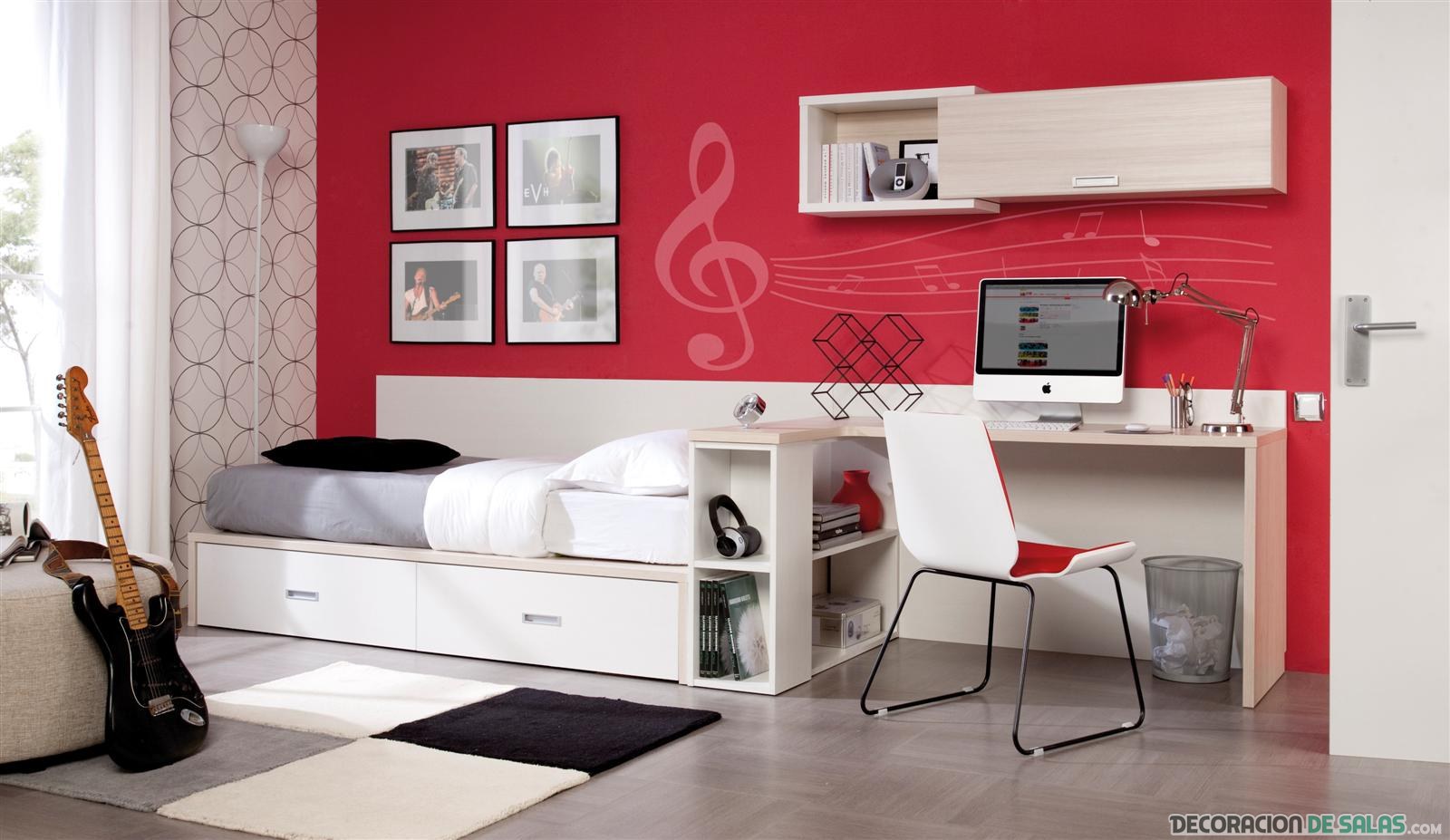 dormitorio juvenil con paredes en rojo