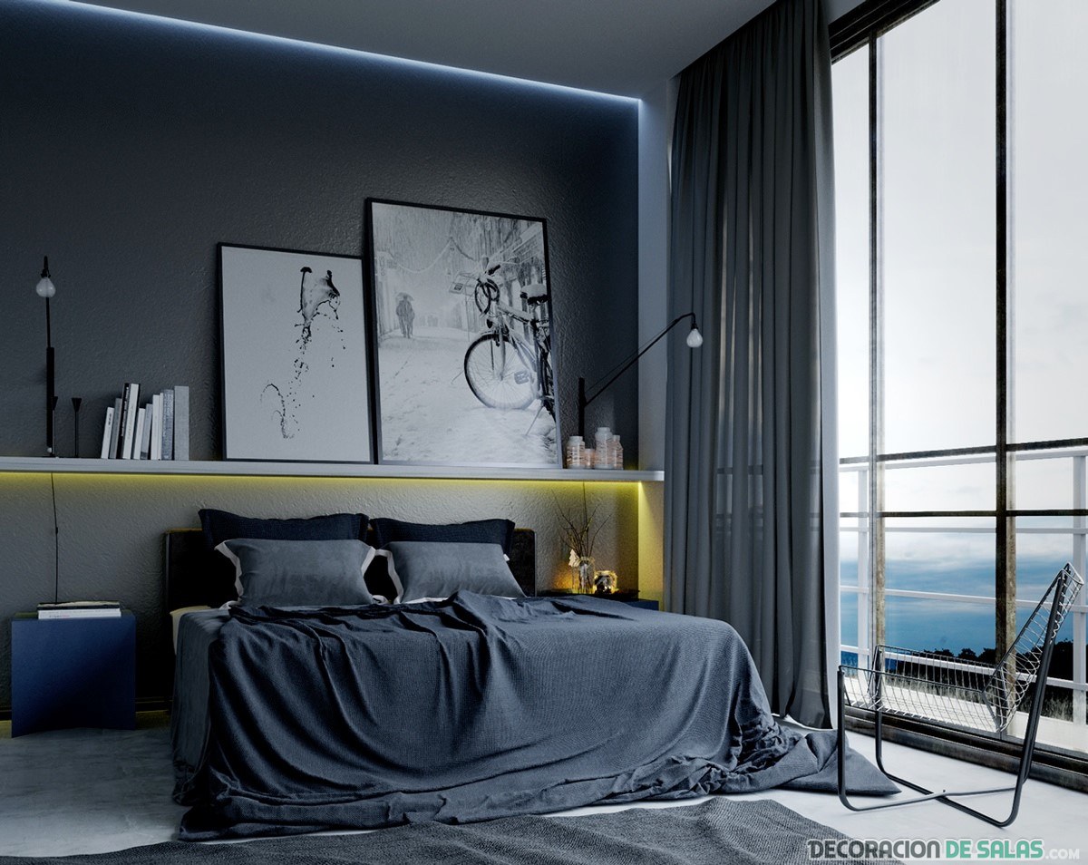 dormitorio masculino en tonos grises