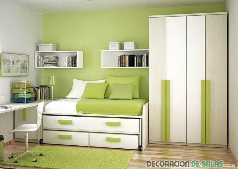 habitación pequeña en verde y blanco