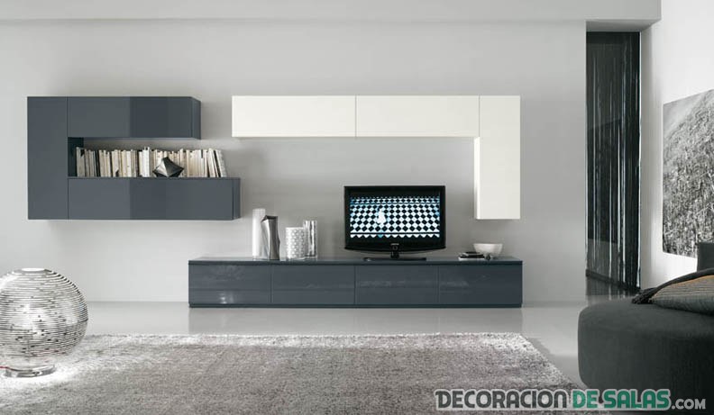 sala minimalista con mueble blanco y gris